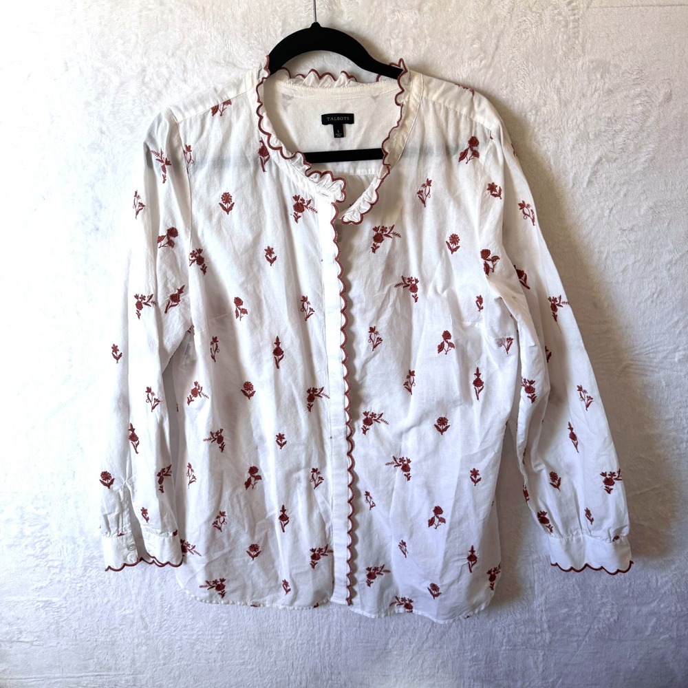 Talbots Button Down‎ Shirt Floral Embroidered Scalloped Large White Red Womens